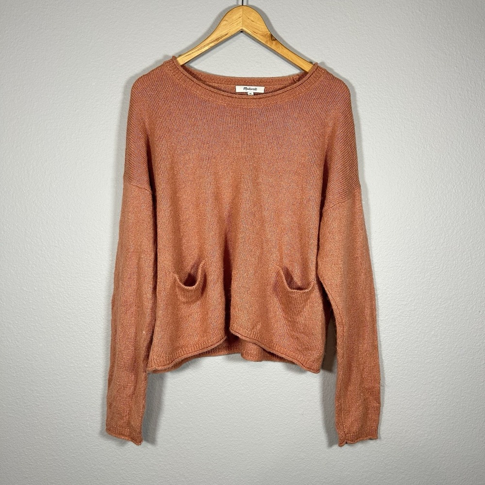 Madewell Alpaca Blend Womens Sweater Boat Neck Oversized Front Pockets Orange XL